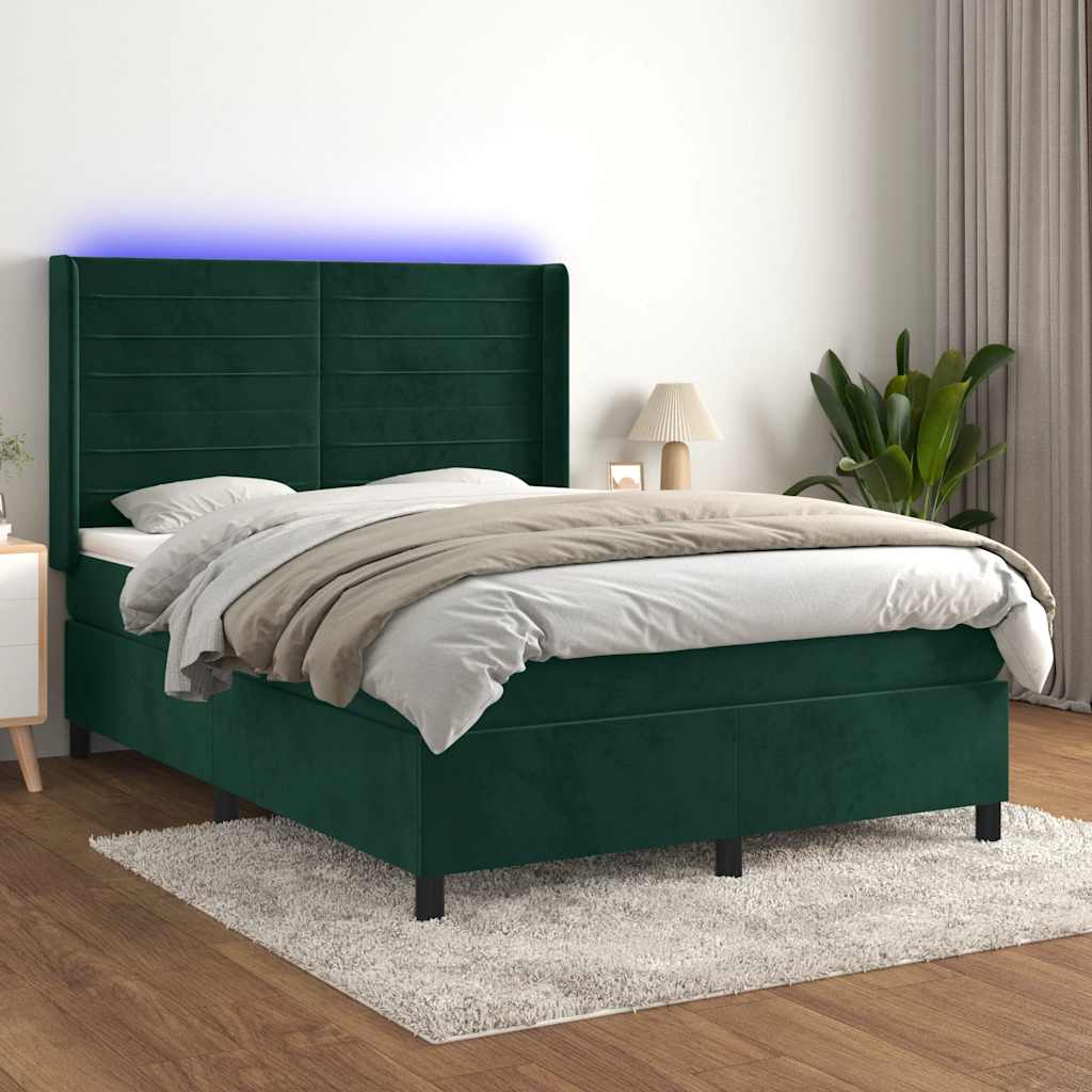 kontinentalseng med LED-lys 140x190 cm fløjl mørkegrøn