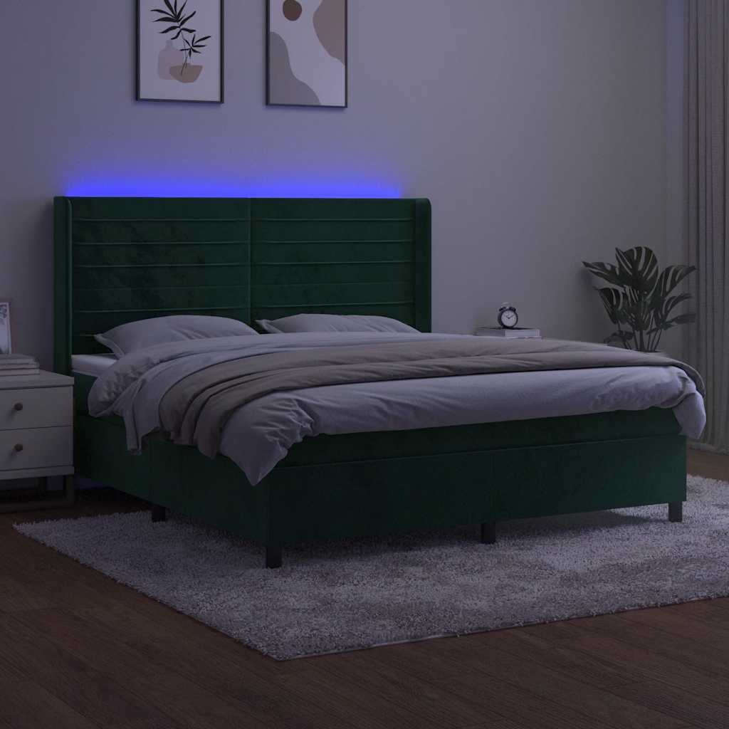 kontinentalseng med LED-lys 180x200 cm fløjl mørkegrøn