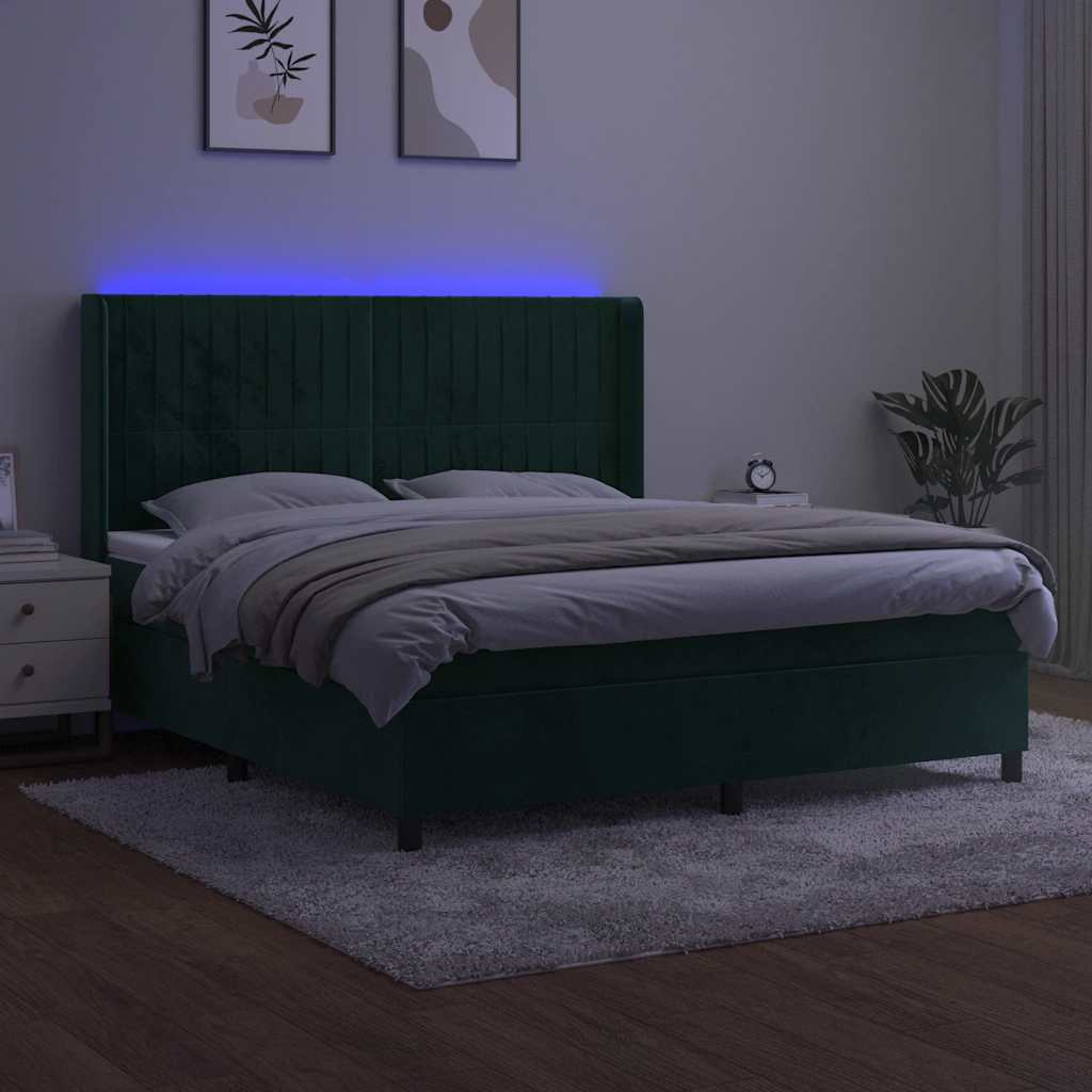 kontinentalseng med LED-lys 160x200 cm fløjl mørkegrøn