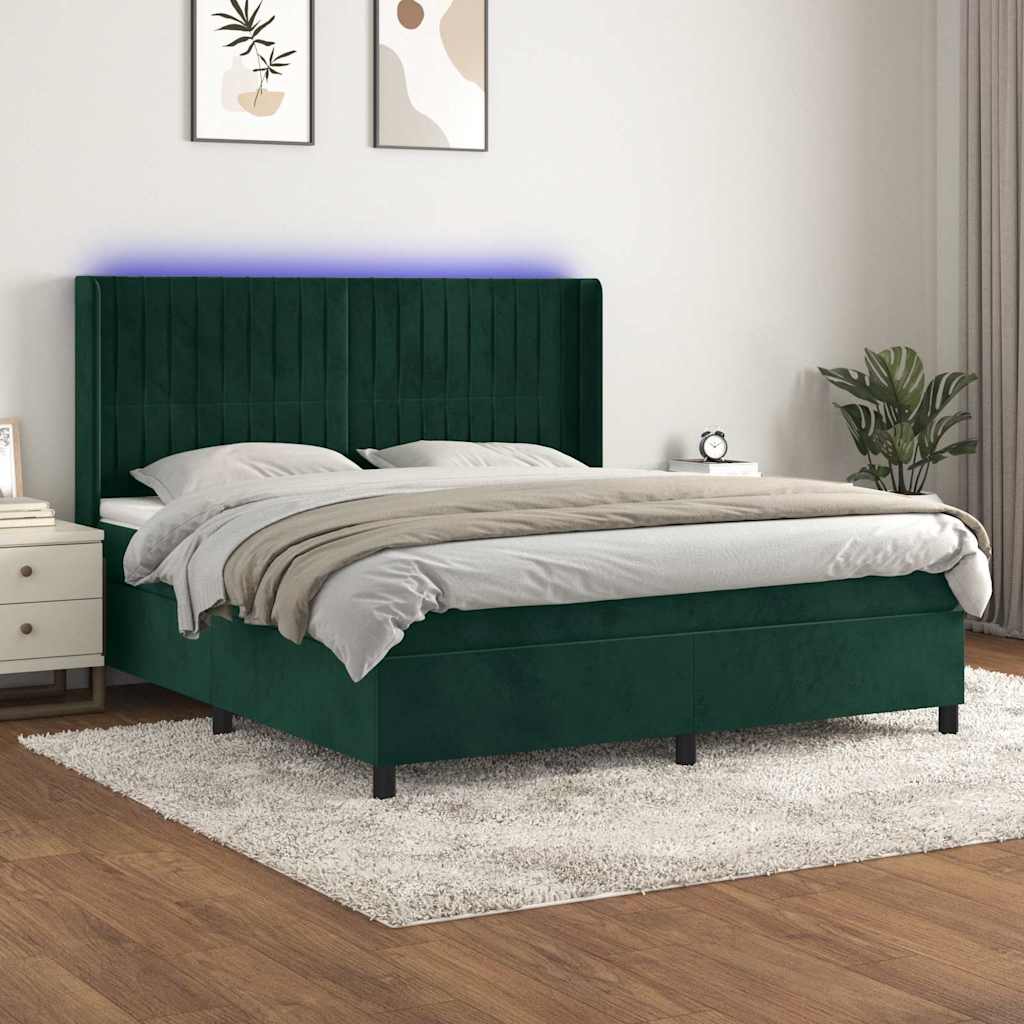kontinentalseng med LED-lys 160x200 cm fløjl mørkegrøn