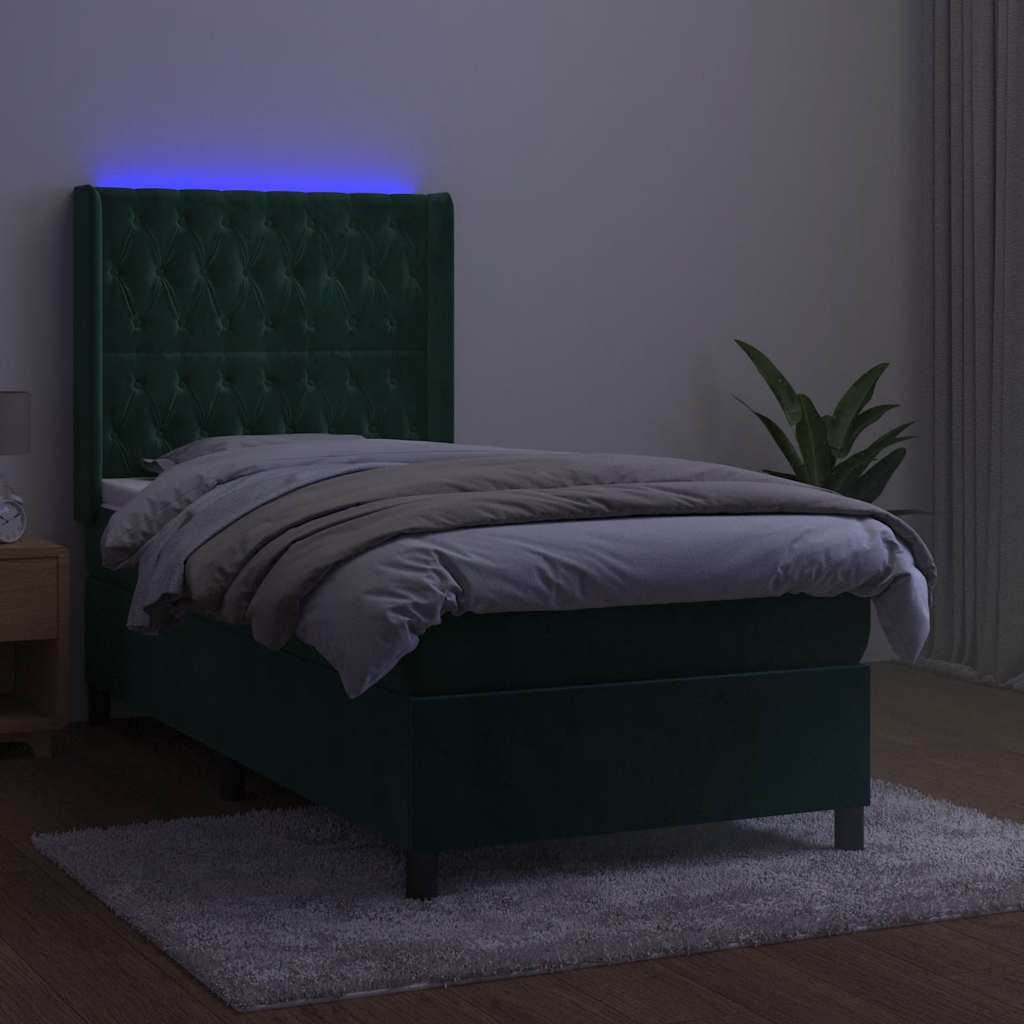kontinentalseng med LED-lys 90x190 cm fløjl mørkegrøn