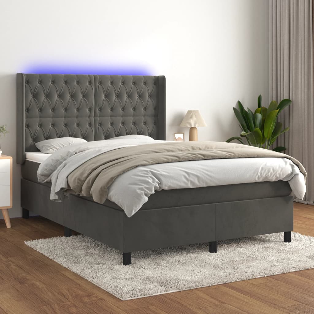 kontinentalseng med LED-lys 140x190 cm fløjl mørkegrå