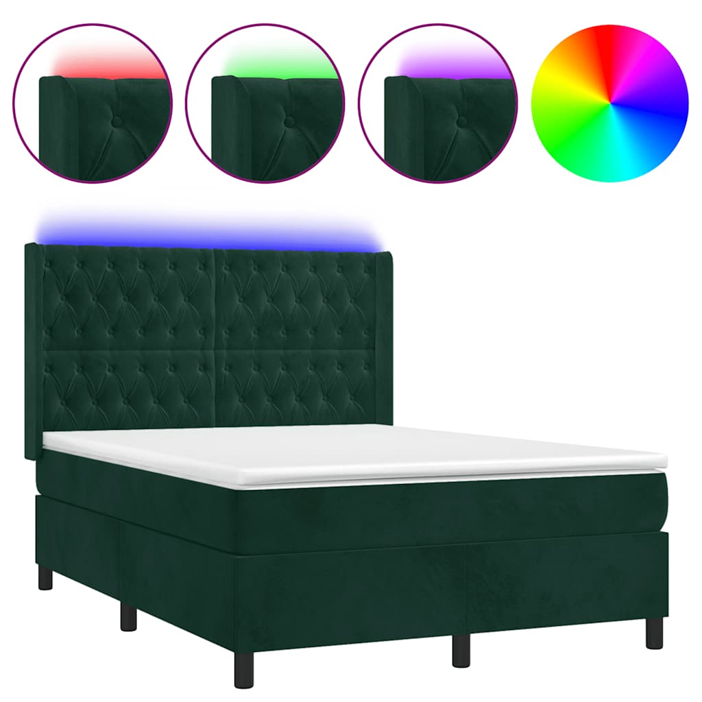 kontinentalseng med LED-lys 140x190 cm fløjl mørkegrøn