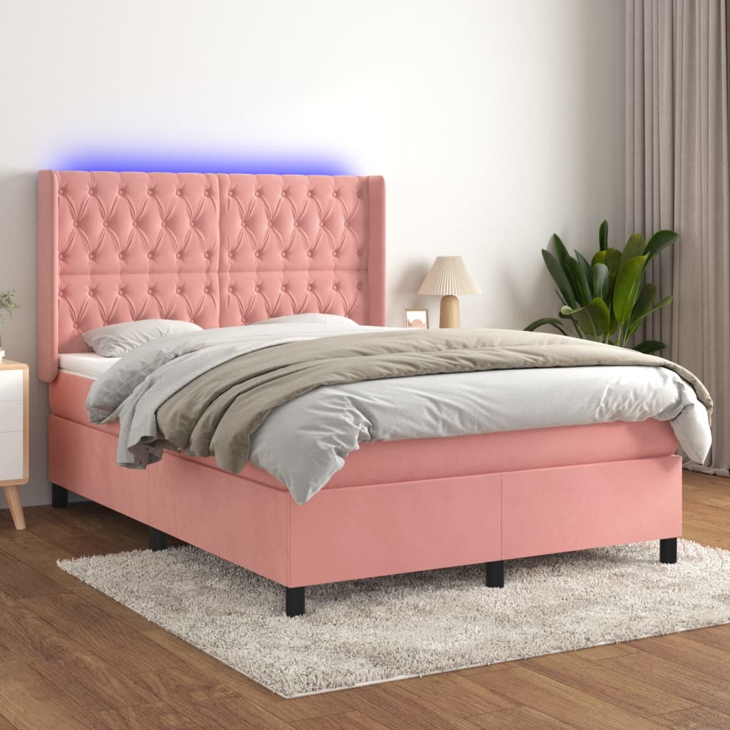 kontinentalseng med LED-lys 140x190 cm fløjl lyserød
