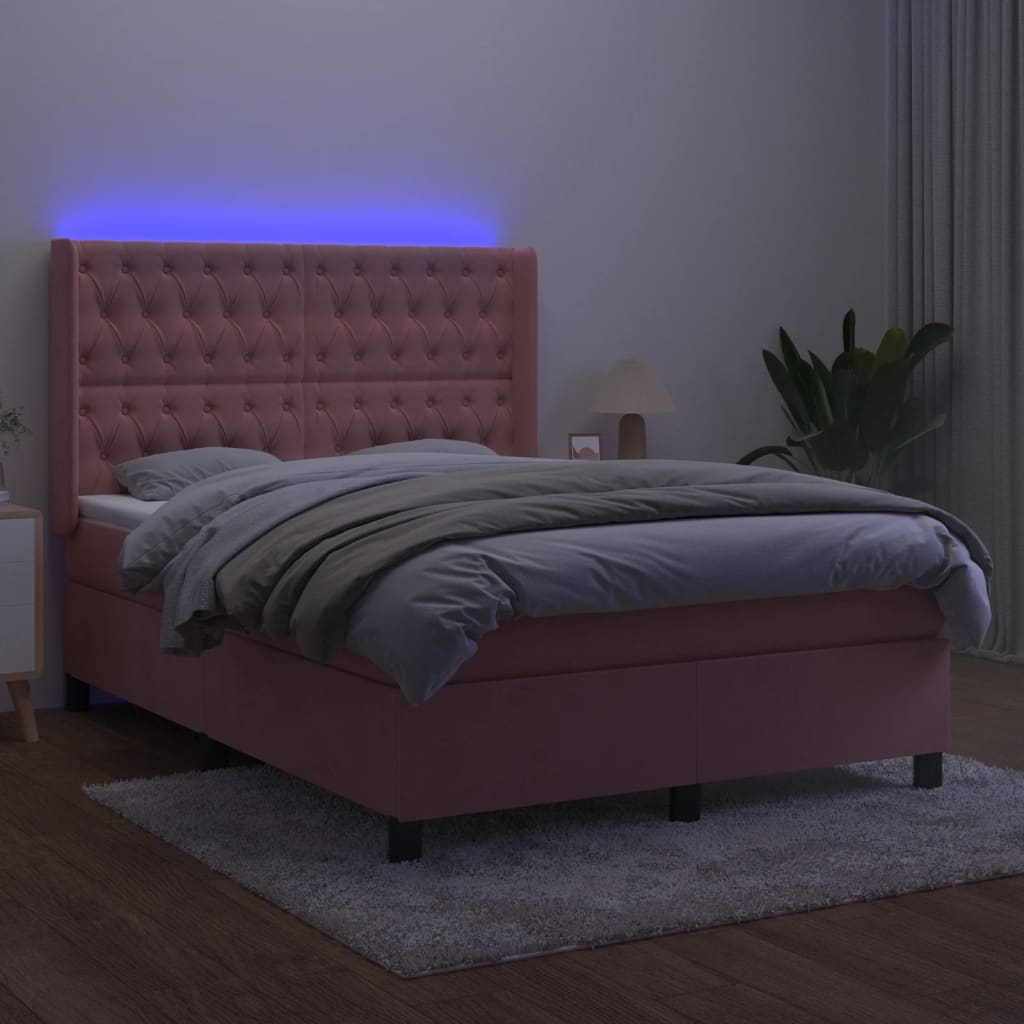 kontinentalseng med LED-lys 140x200 cm fløjl lyserød