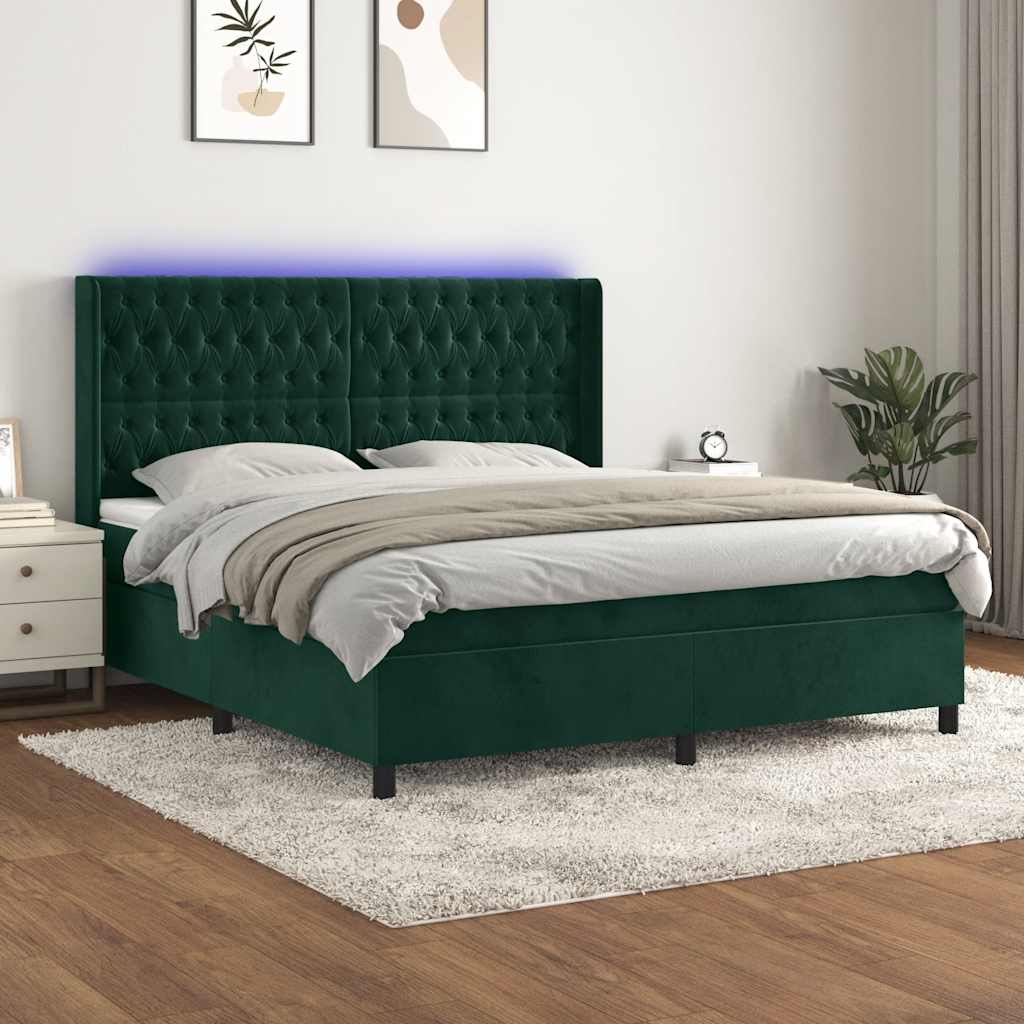 kontinentalseng med LED-lys 180x200 cm fløjl mørkegrøn