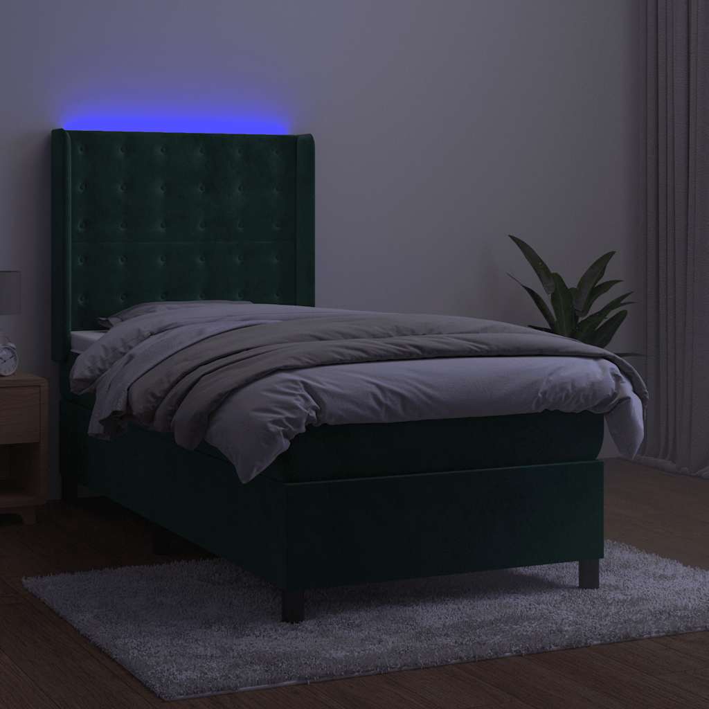 kontinentalseng med LED-lys 90x200 cm fløjl mørkegrøn
