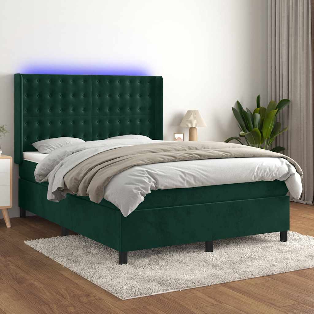 kontinentalseng med LED-lys 140x190 cm fløjl mørkegrøn