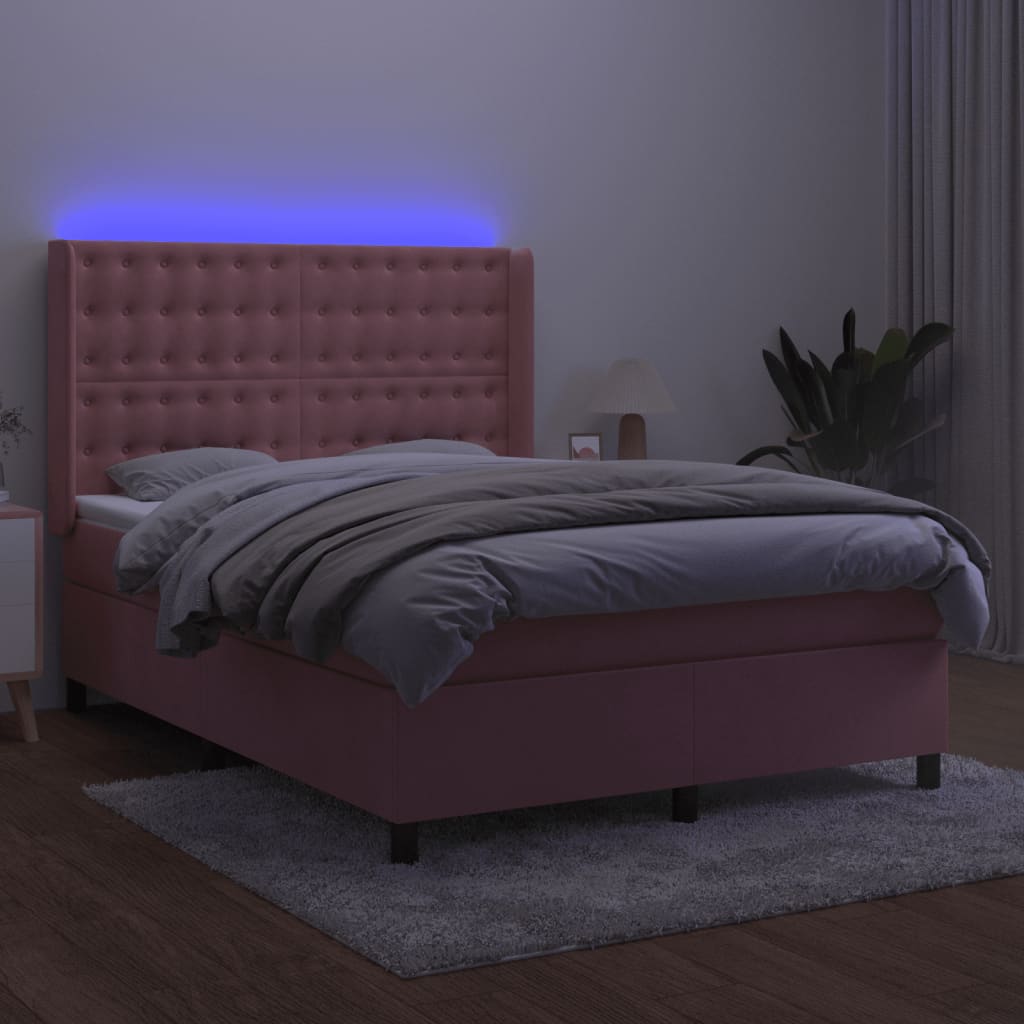 kontinentalseng med LED-lys 140x190 cm fløjl lyserød