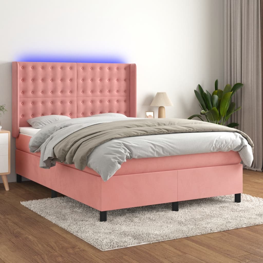 kontinentalseng med LED-lys 140x190 cm fløjl lyserød