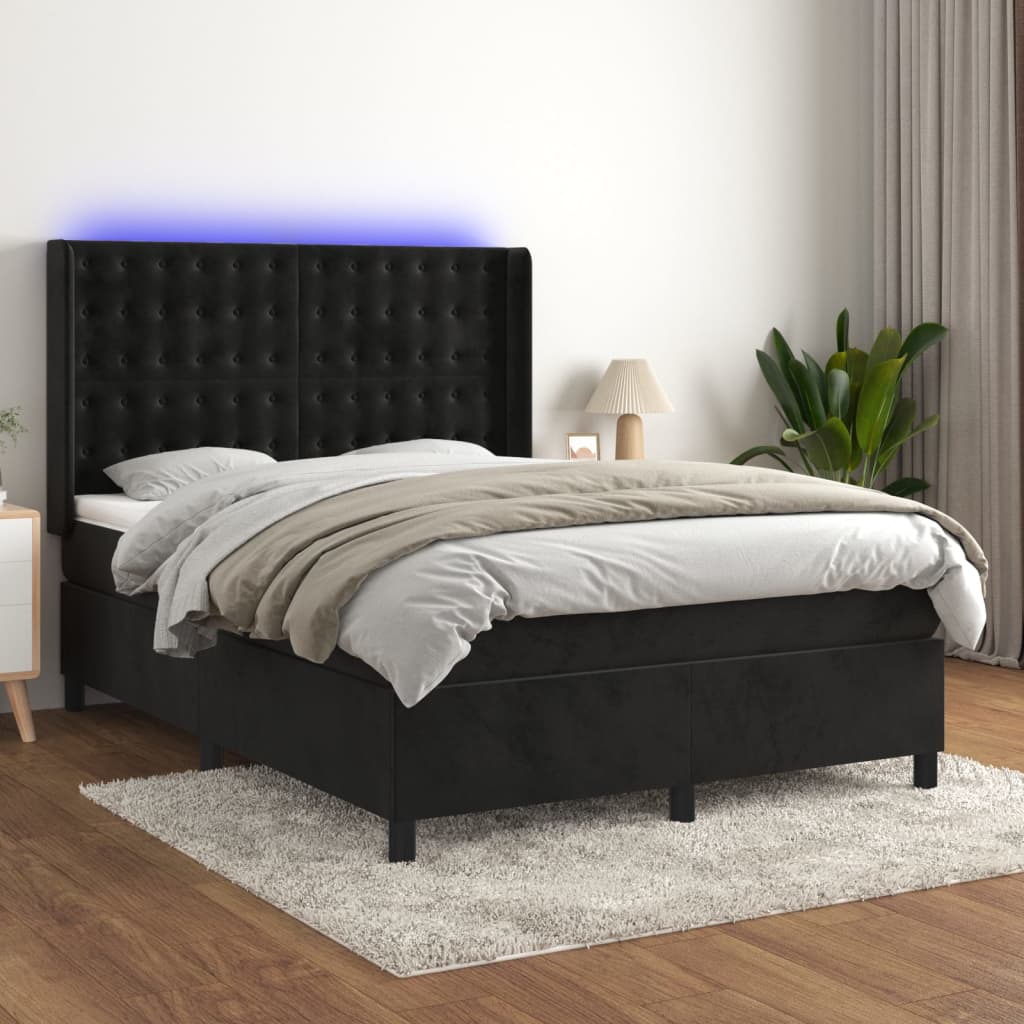 kontinentalseng med LED-lys 140x200 cm fløjl sort