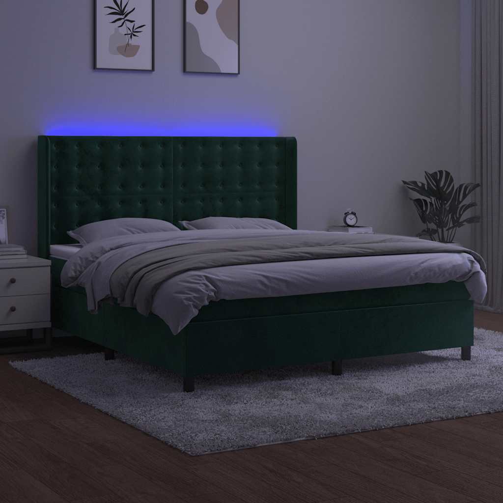 kontinentalseng med LED-lys 180x200 cm fløjl mørkegrøn