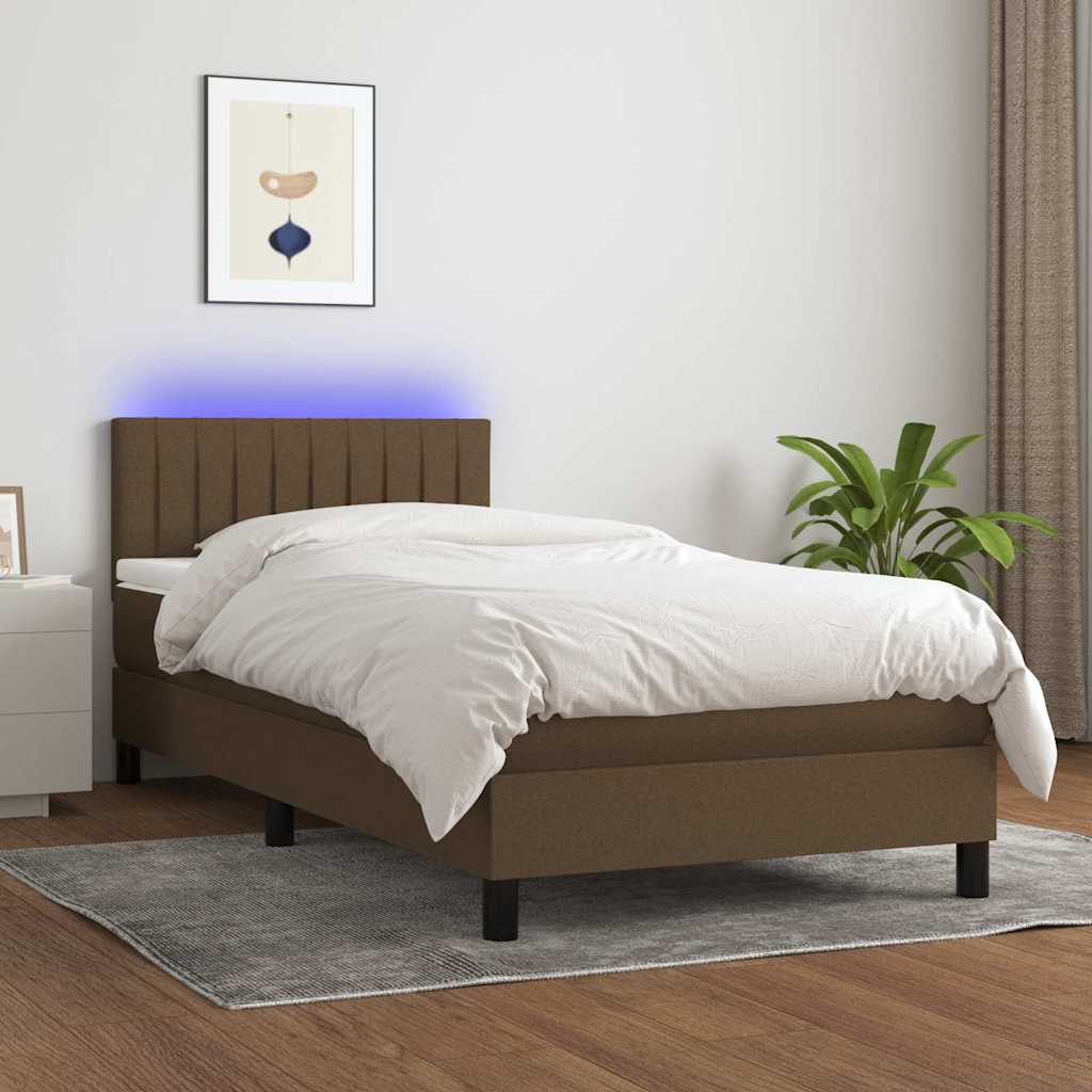 kontinentalseng med LED-lys 90x190 cm stof mørkebrun