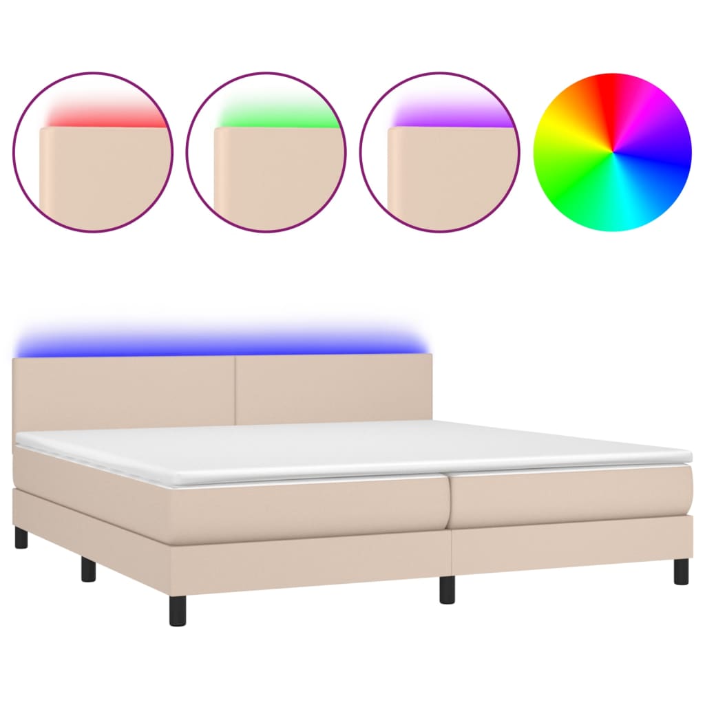 kontinentalseng LED-lys 200x200 cm kunstlæder cappuccinofarvet