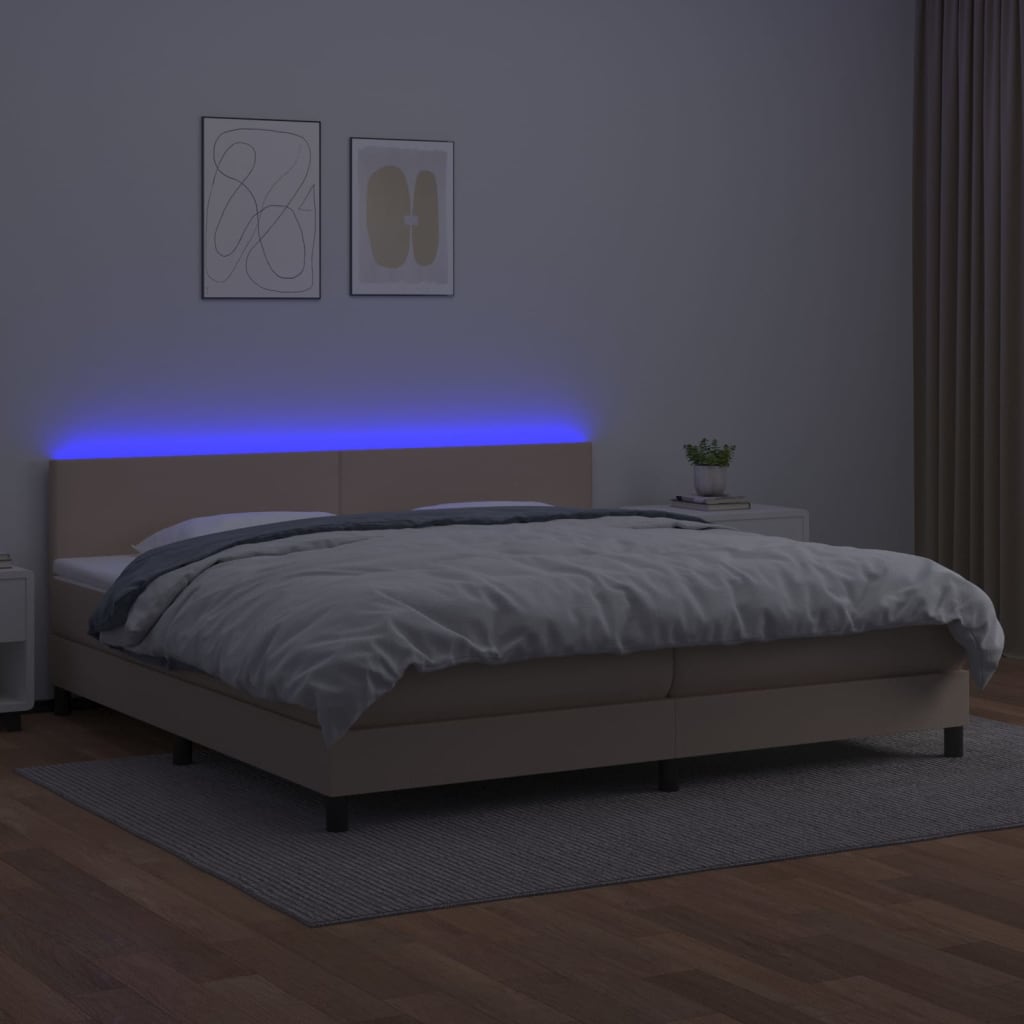 kontinentalseng LED-lys 200x200 cm kunstlæder cappuccinofarvet