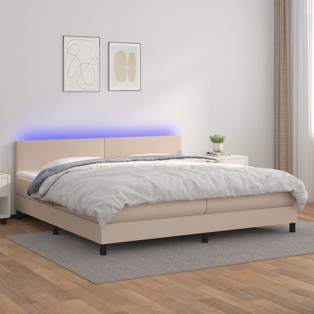 kontinentalseng LED-lys 200x200 cm kunstlæder cappuccinofarvet