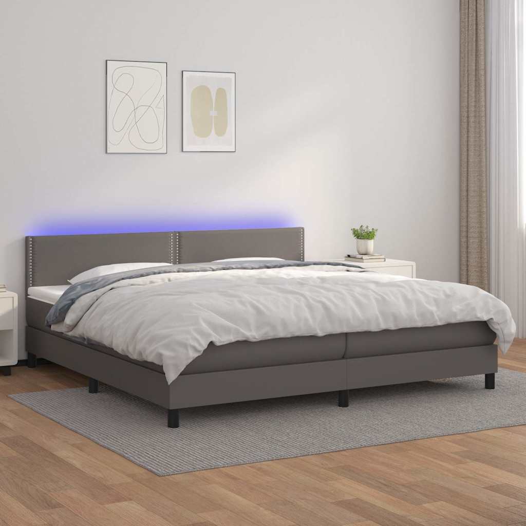 kontinentalseng med LED-lys 200x200 cm kunstlæder grå