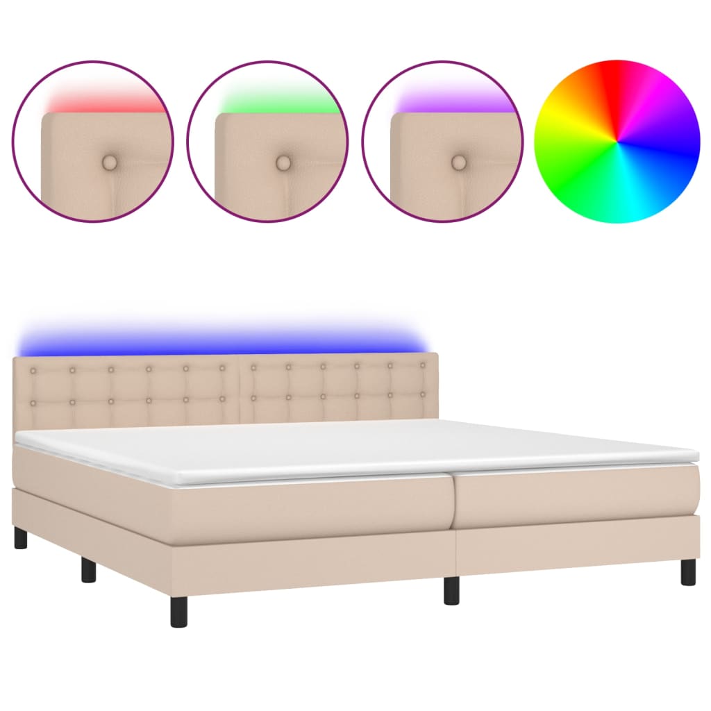 kontinentalseng LED-lys 200x200 cm kunstlæder cappuccinofarvet