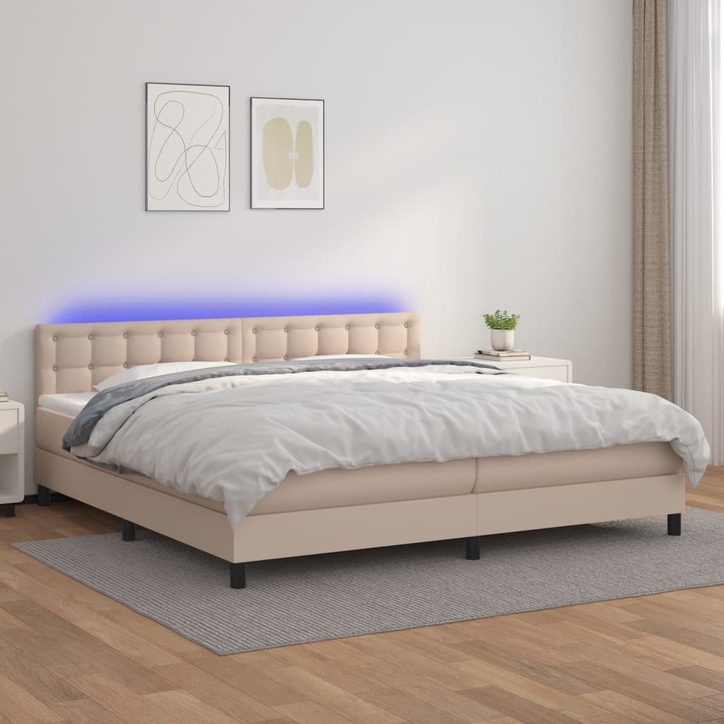 kontinentalseng LED-lys 200x200 cm kunstlæder cappuccinofarvet