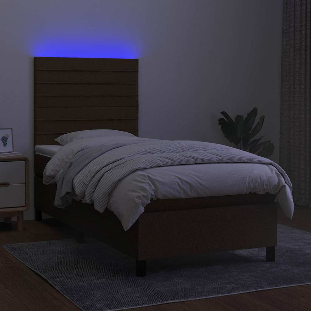 kontinentalseng med LED-lys 90x200 cm stof mørkebrun