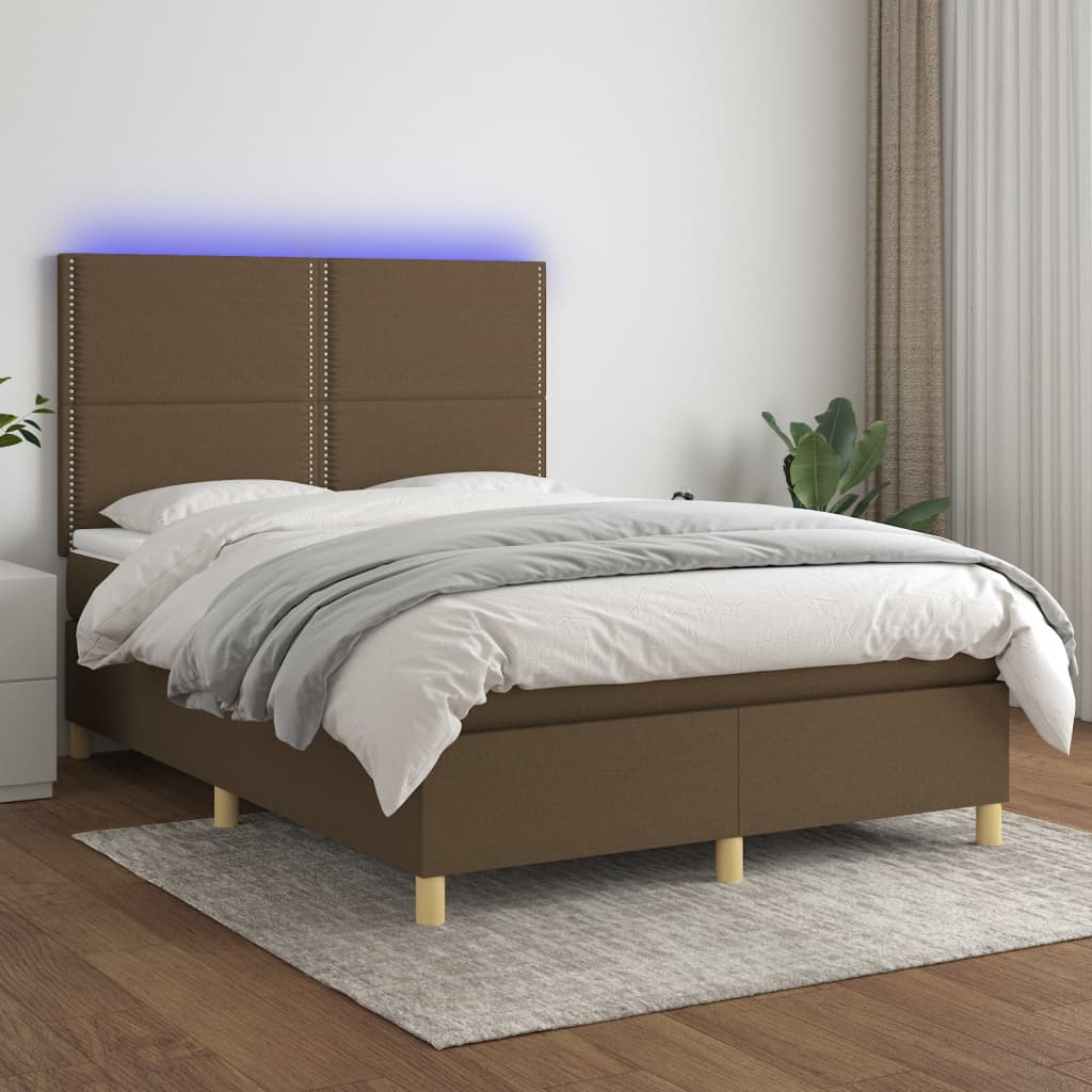 kontinentalseng med LED-lys 140x190 cm stof mørkebrun