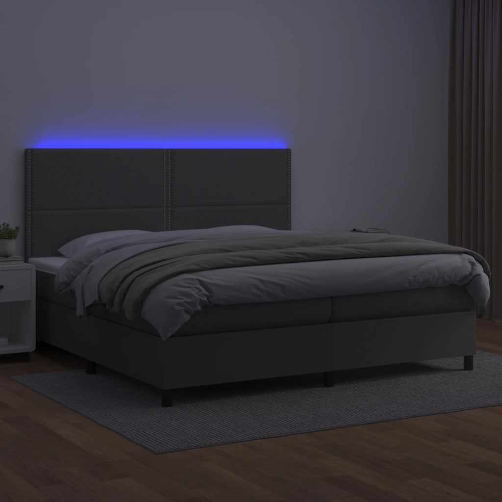 kontinentalseng med LED-lys 200x200 cm kunstlæder grå