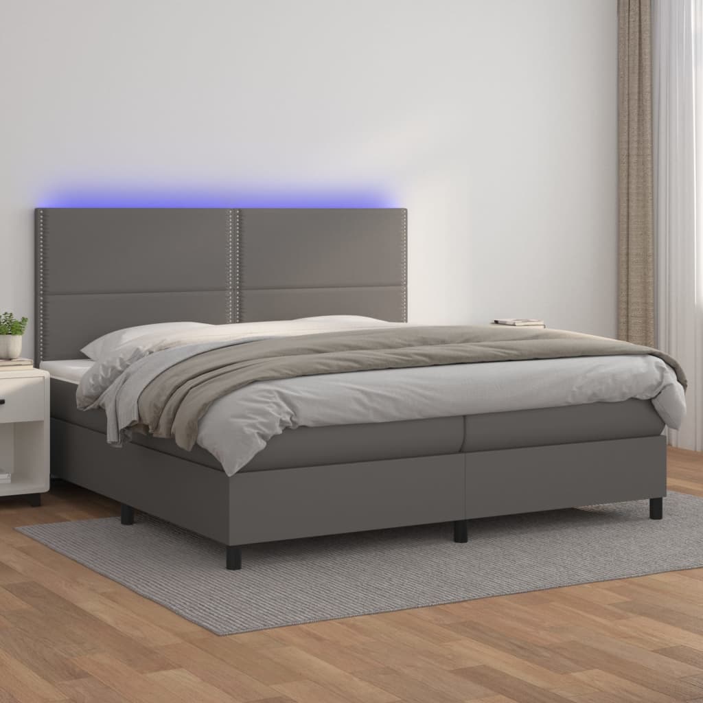 kontinentalseng med LED-lys 200x200 cm kunstlæder grå