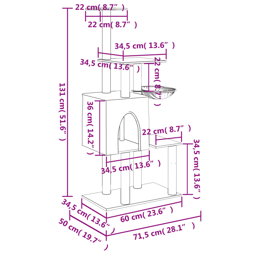kradsetræ med sisalstolper 131 cm mørkegrå