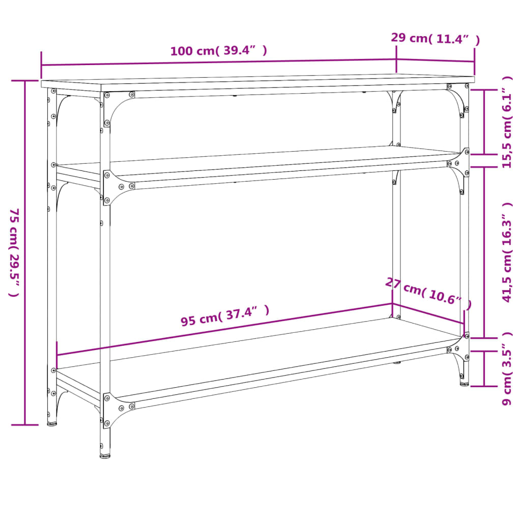 konsolbord 100x29x75 cm konstrueret træ brun egetræ