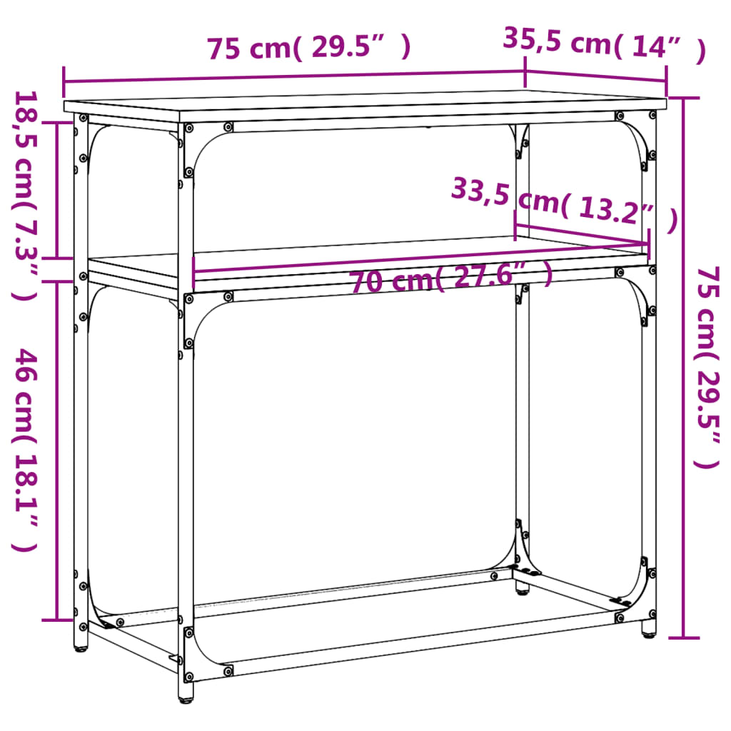 konsolbord 75x35,5x75 cm konstrueret træ brun egetræsfarve