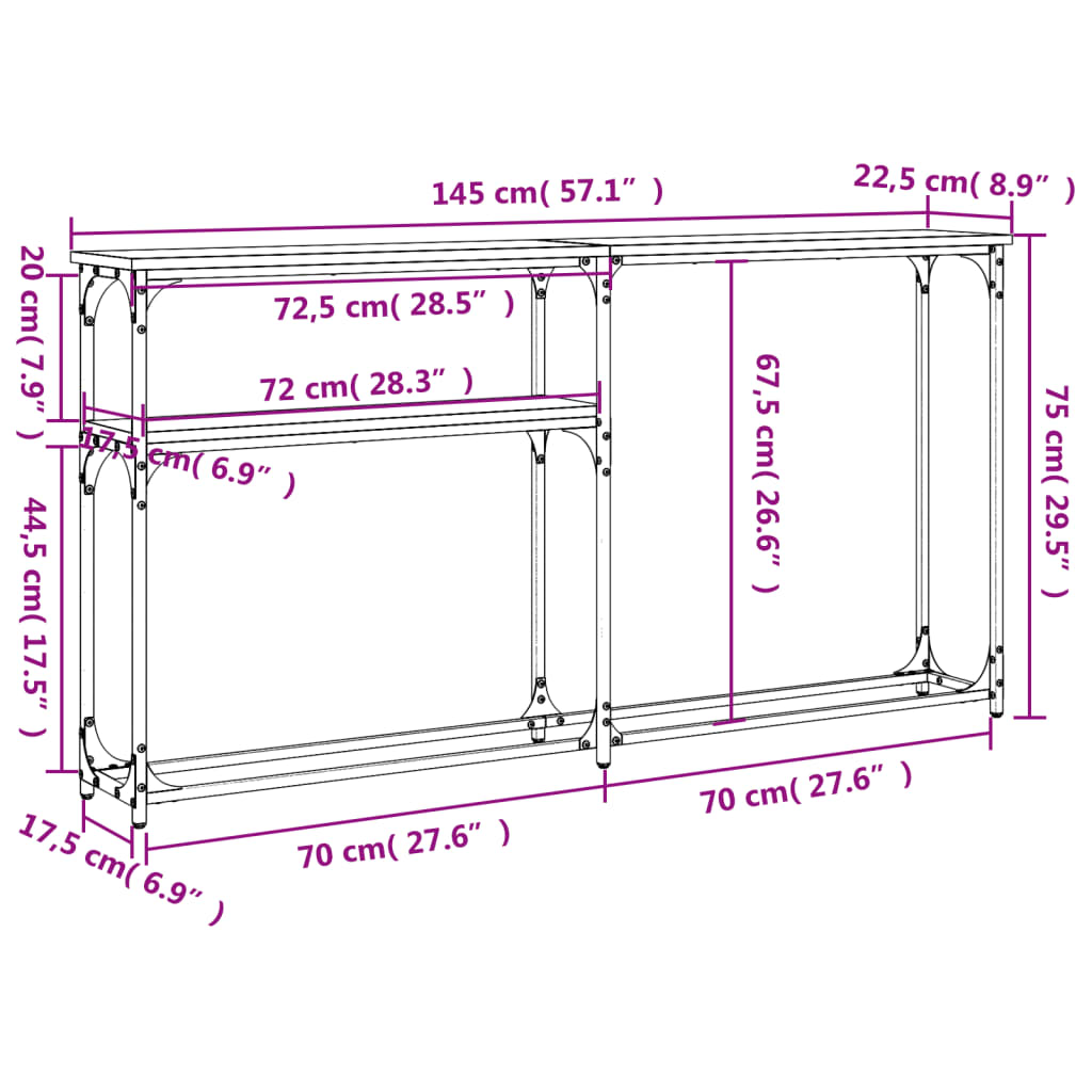 konsolbord 145x22,5x75 cm konstrueret træ røget egetræsfarve