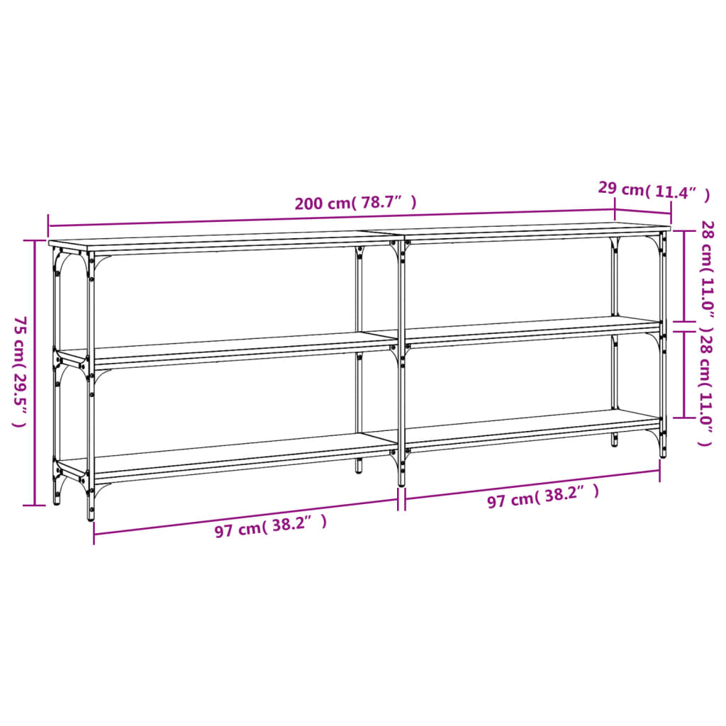 konsolbord 200x29x75 cm konstrueret træ røget egetræsfarve