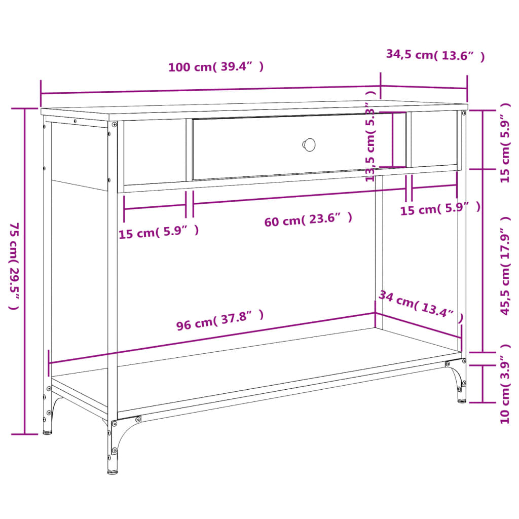 konsolbord 100x34,5x75 cm konstrueret træ grå sonoma-eg