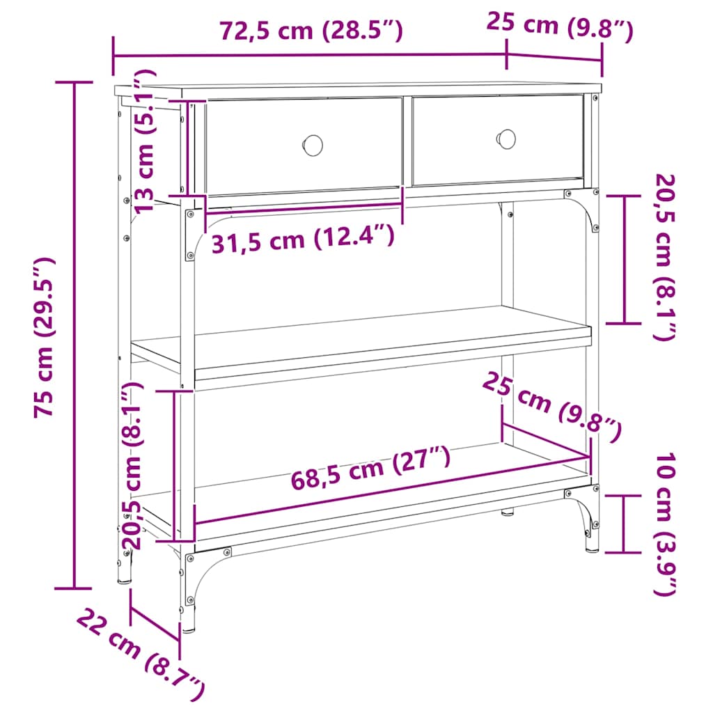 konsolbord 72,5x25x75 cm konstrueret træ røget egetræsfarve