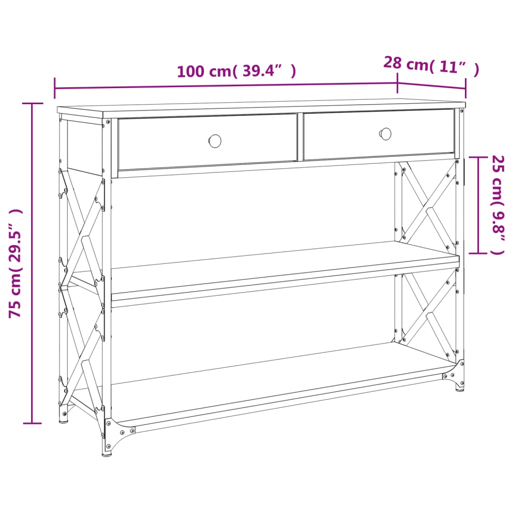 konsolbord 100x28x75 cm konstrueret træ røget egetræsfarve
