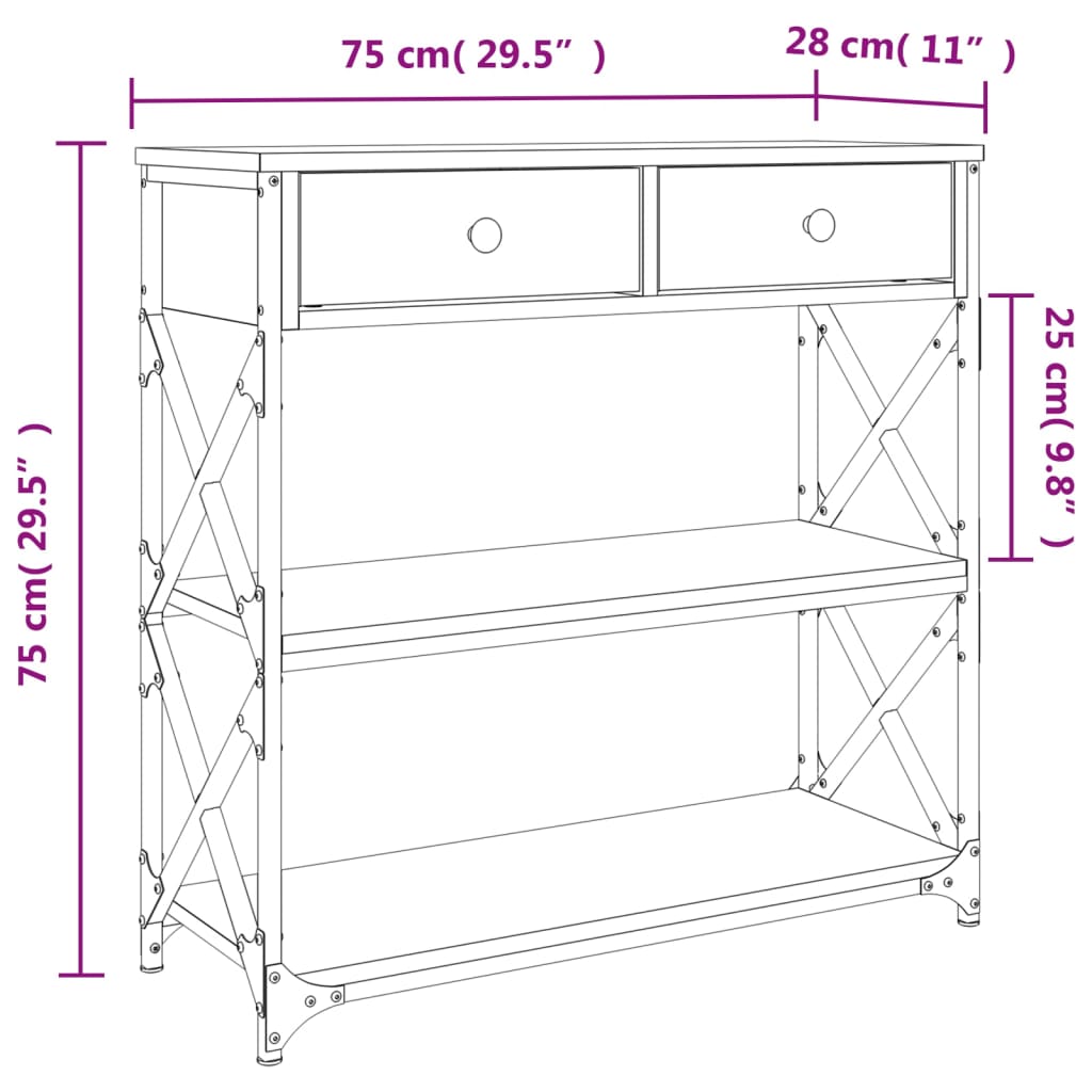 konsolbord 75x28x75 cm konstrueret træ røget egetræsfarve