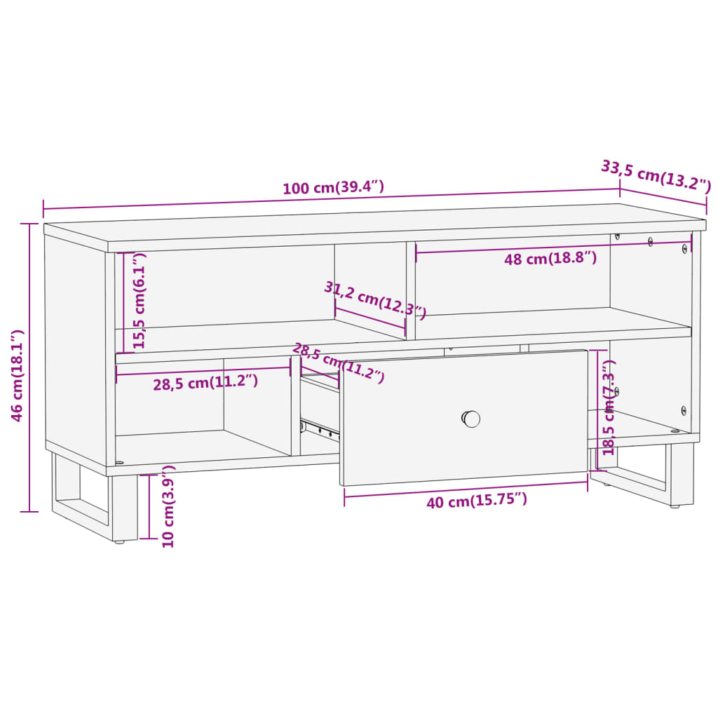 tv-bord 100x33,5x46 cm massivt mangotræ brun og sort