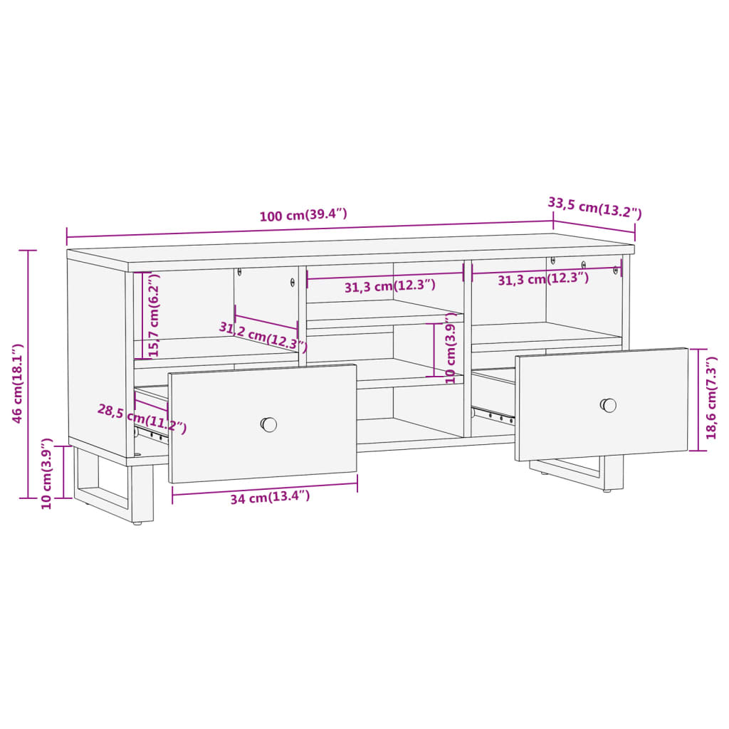 tv-bord 100x33,5x46 cm massivt mangotræ brun og sort