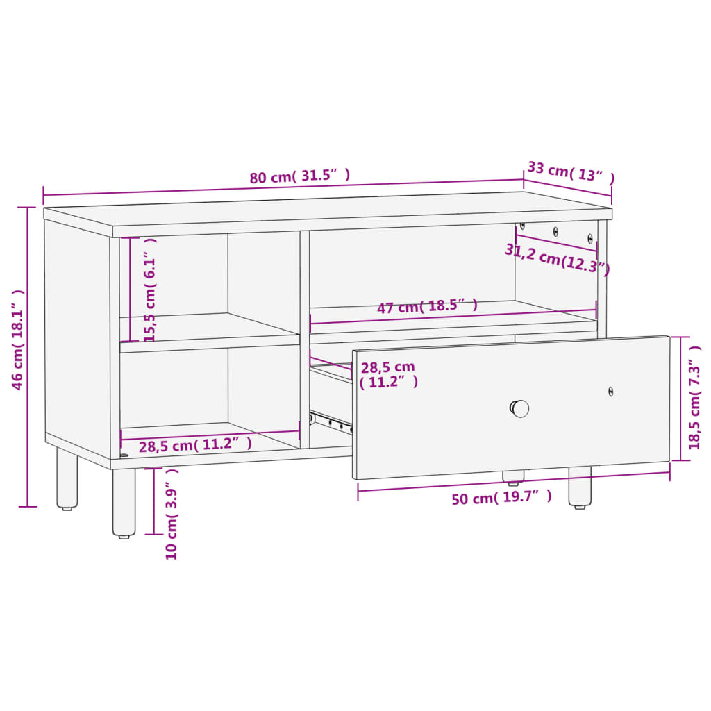 tv-bord 80x33x46 cm massivt mangotræ sort