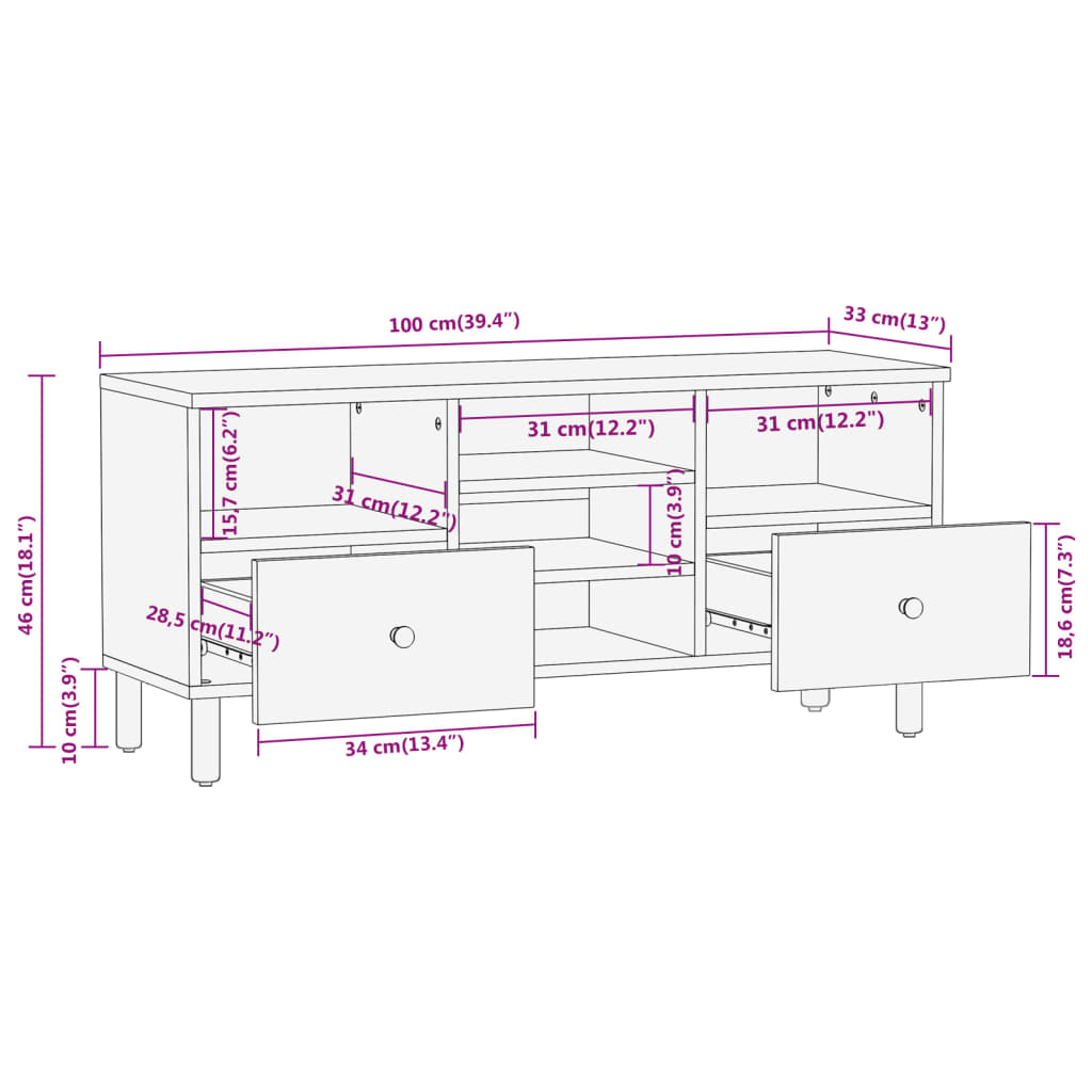 tv-bord 100x33x46 cm massivt mangotræ