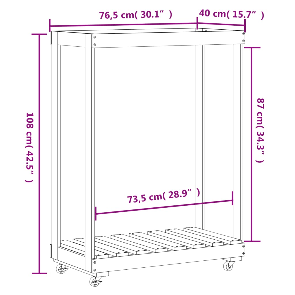brændestativ med hjul 76,5x40x108 cm massivt fyrretræ