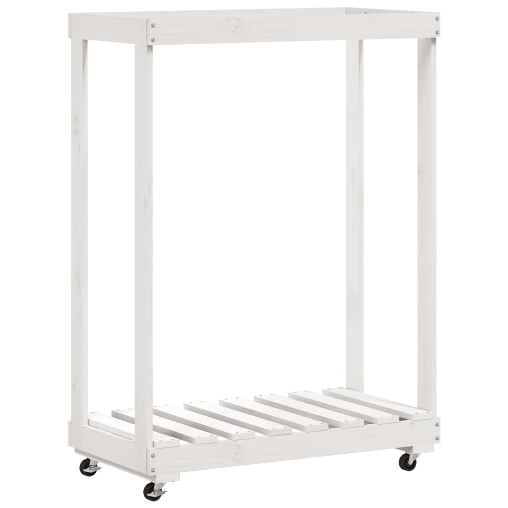 brændestativ med hjul 76,5x40x108 cm massivt fyrretræ hvid