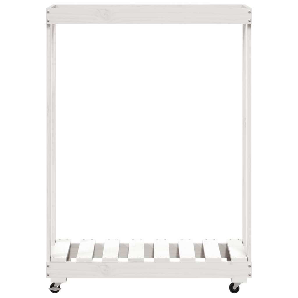 brændestativ med hjul 76,5x40x108 cm massivt fyrretræ hvid
