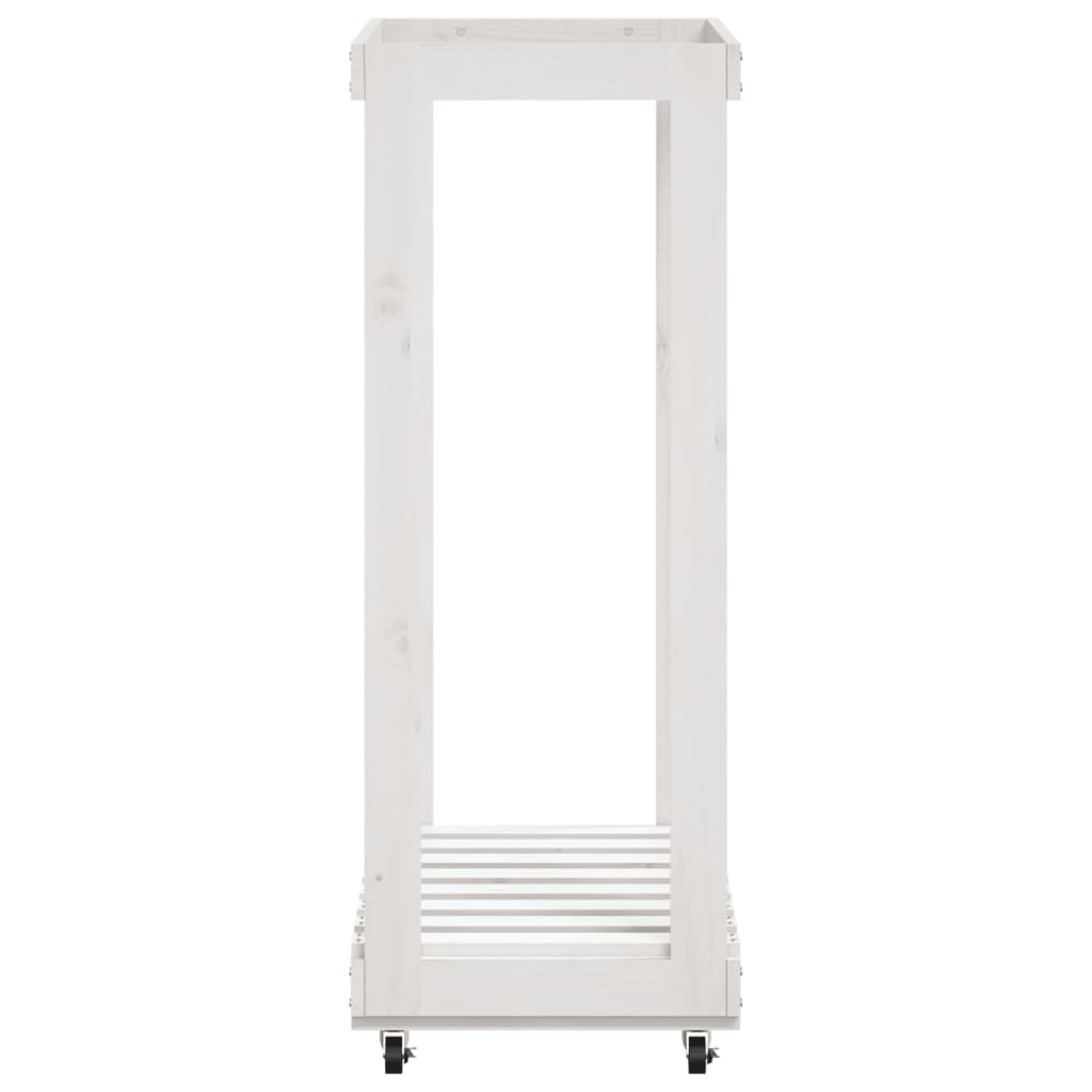 brændestativ med hjul 76,5x40x108 cm massivt fyrretræ hvid