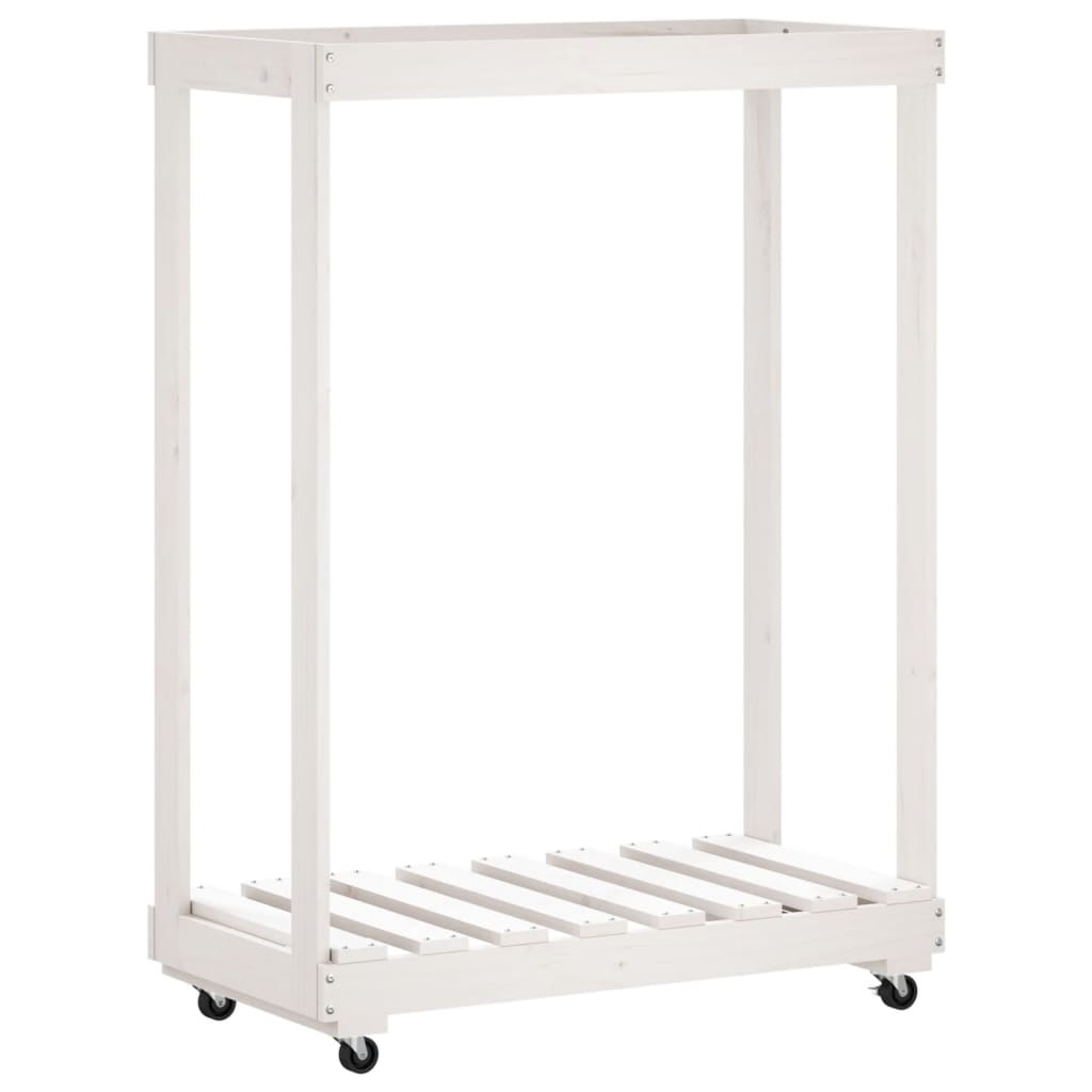 brændestativ med hjul 76,5x40x108 cm massivt fyrretræ hvid