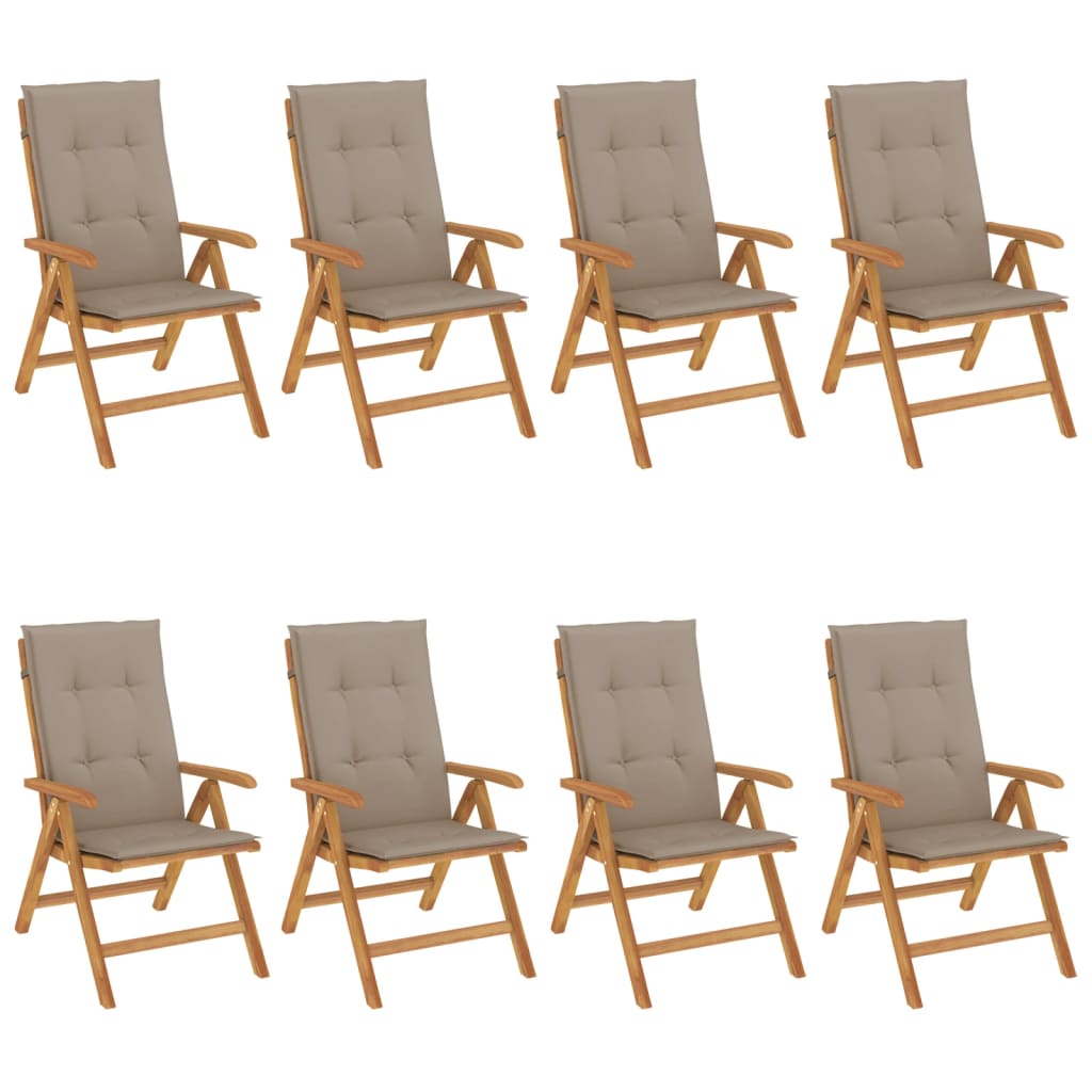 Klapstole med hynder, 8 stk., massivt teaktræ