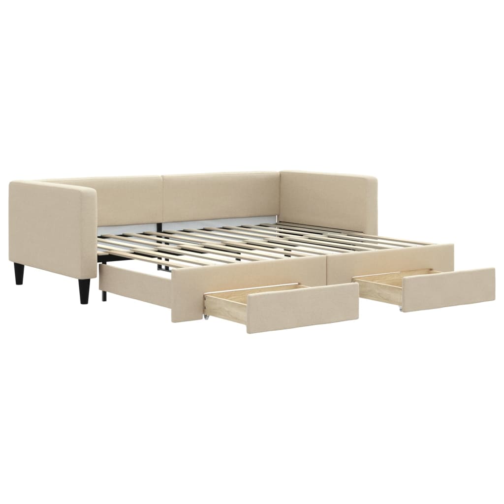 daybed med udtræk og skuffer 90x200 cm stof cremefarvet