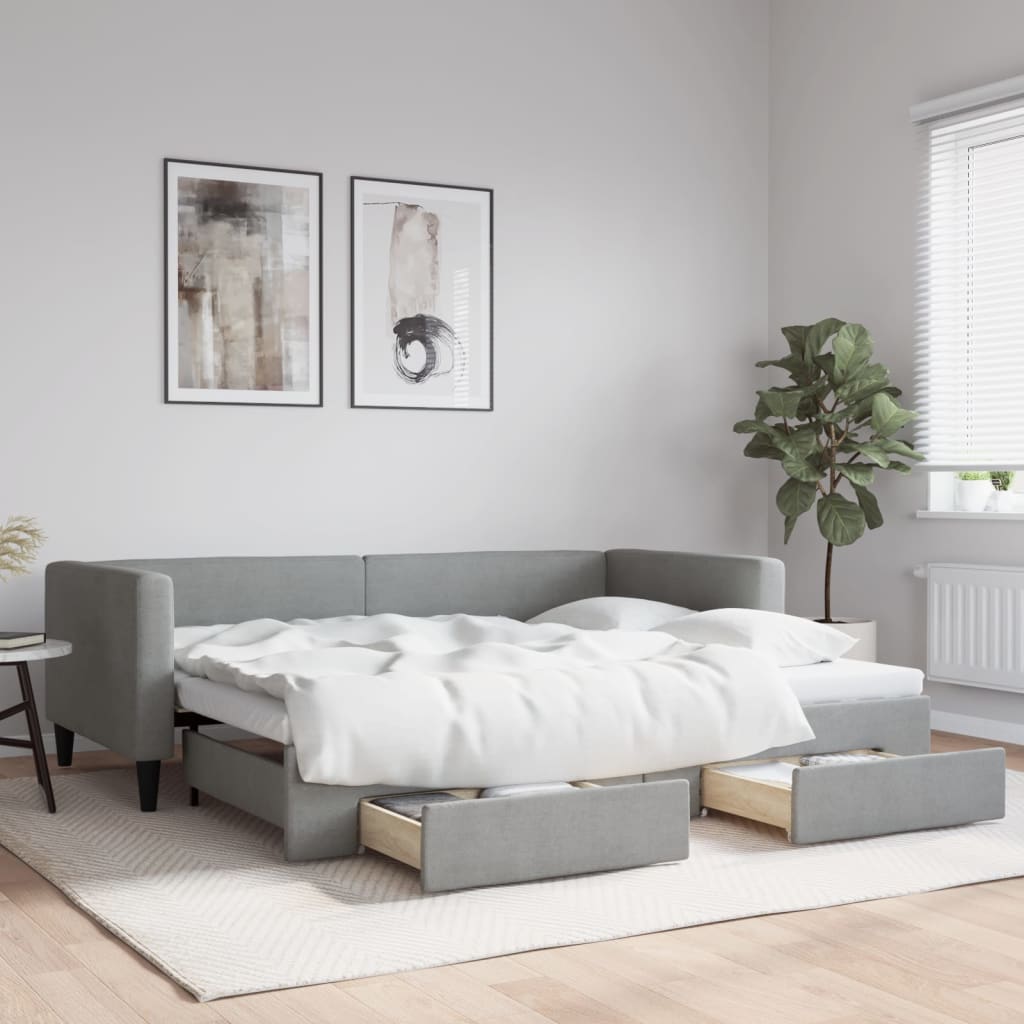 daybed med udtræk og skuffer 100x190 cm stof lysegrå