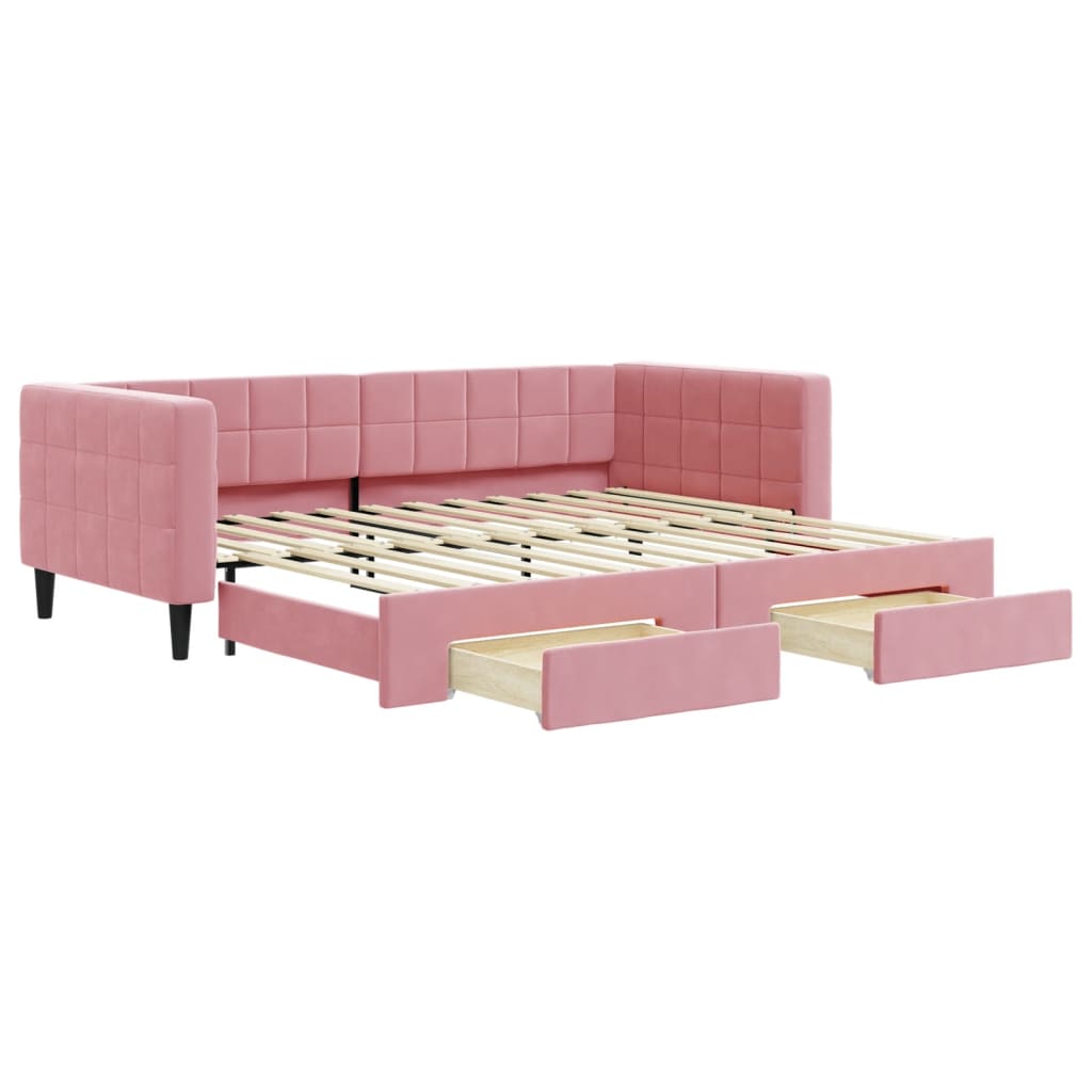 daybed med udtræk og skuffer 90x200 cm velour lyserød