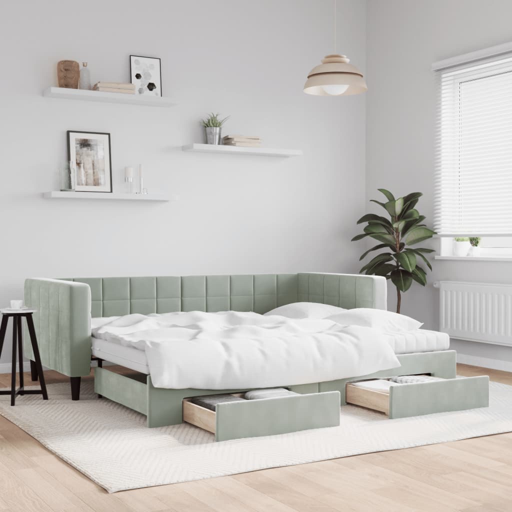 daybed med udtræk og skuffer 90x200 cm velour lysegrå